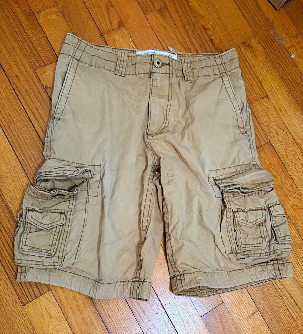 Men's Beige Heavy Cotton Canvas Cargo Shorts Size 31 Regular Fit 11" Inseam Zip